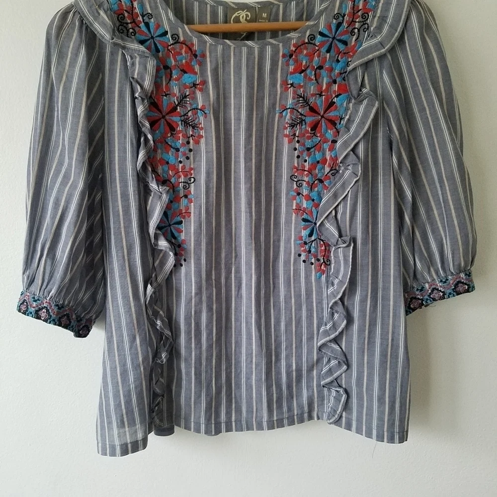 ANTHROPOLOGIE One September Embroidered Floral Ruffle Striped Blouse Size M